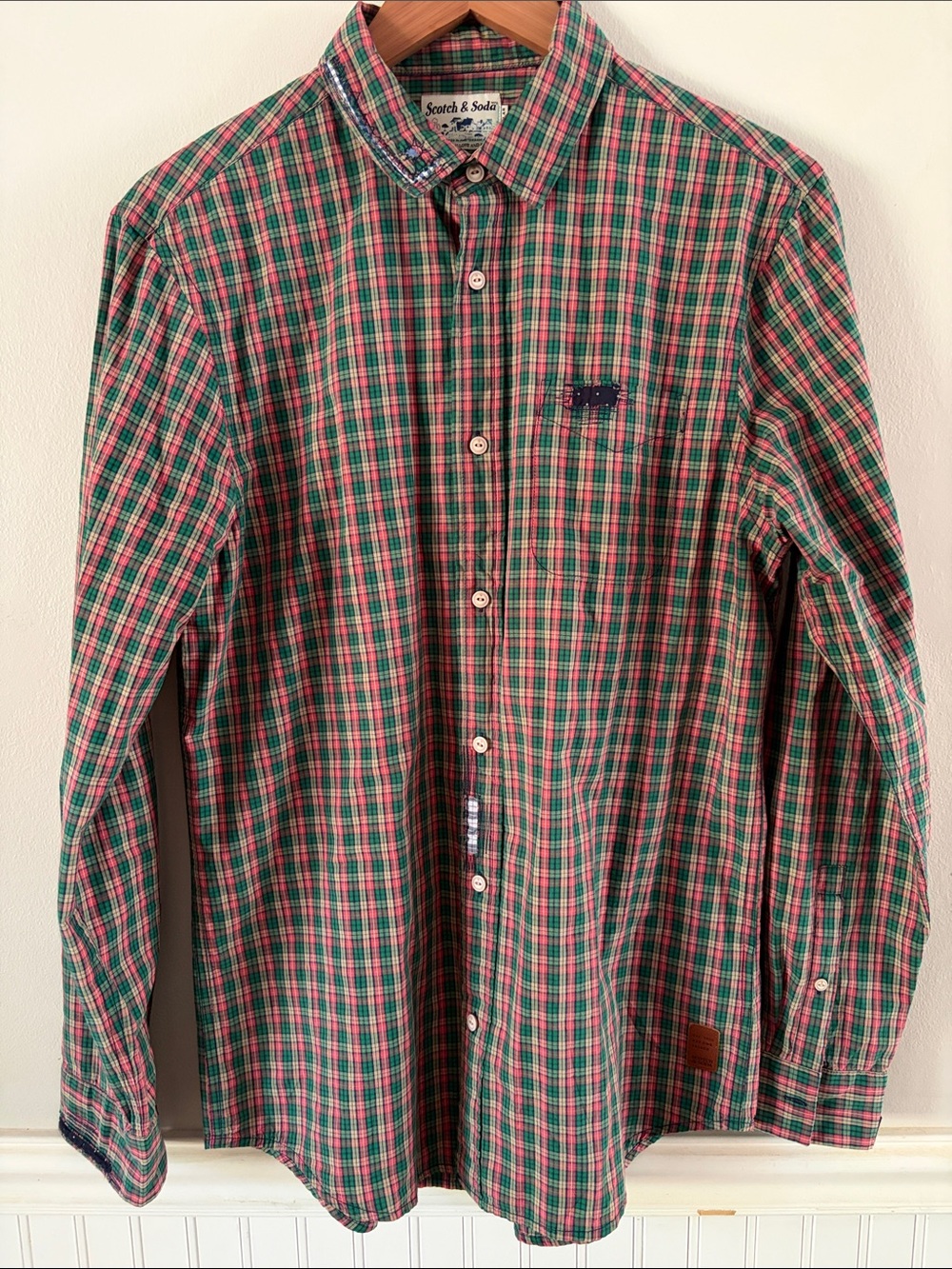 Scotch & Soda Red & tGreen Plaid Button-Down Shirt w//Embroidered Details